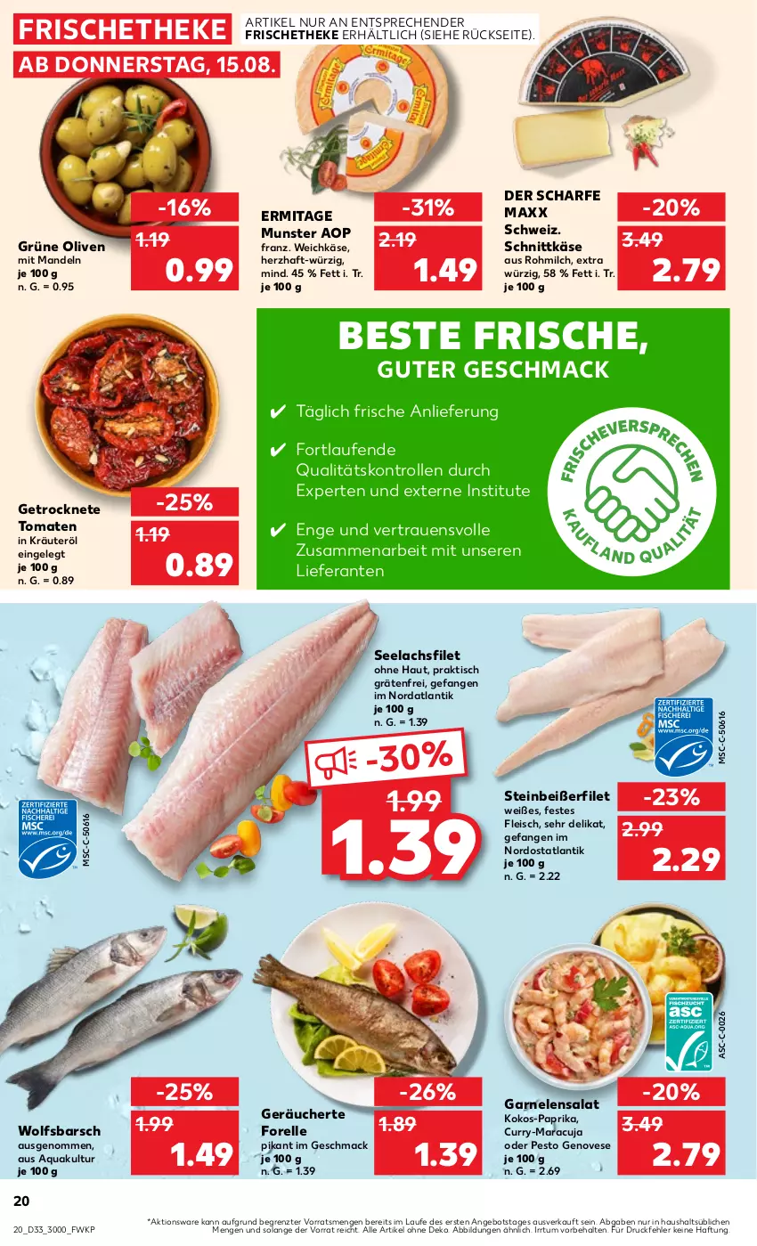 Aktueller Prospekt Kaufland - Prospekt - von 15.08 bis 21.08.2024 - strona 20 - produkty: angebot, aqua, curry, eis, elle, filet, fleisch, forelle, garnelen, genovese, Getrocknete Tomaten, grüne oliven, Käse, kokos, kräuter, lachs, lachsfilet, Laufen, mac, mandel, mandeln, maracuja, milch, olive, oliven, paprika, pesto, rel, salat, schnittkäse, seelachsfilet, Steinbeißer, Steinbeißerfilet, Ti, tisch, tomate, tomaten, weichkäse, wolfsbarsch, ZTE