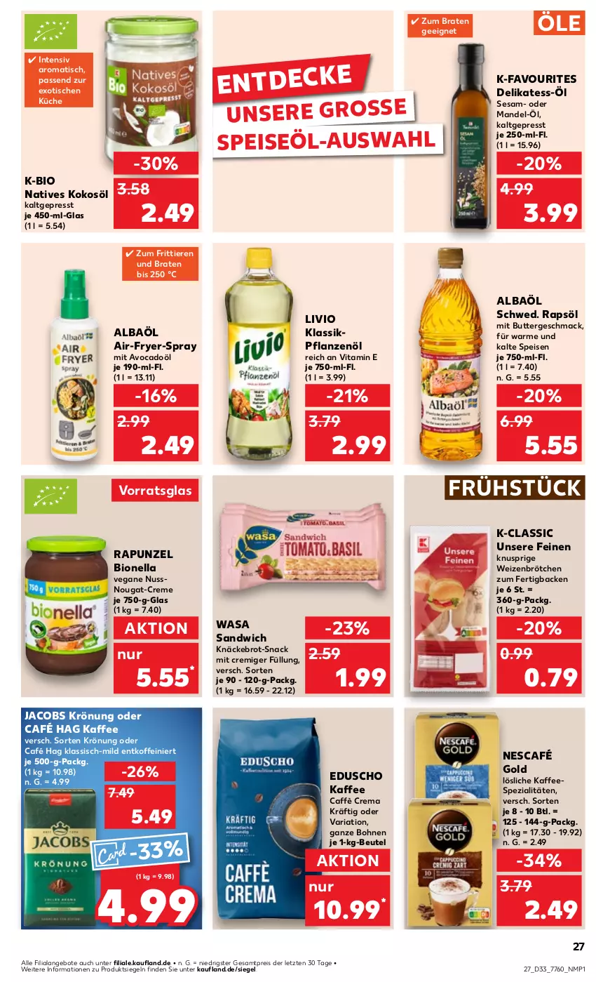 Aktueller Prospekt Kaufland - Prospekt - von 15.08 bis 21.08.2024 - strona 27 - produkty: angebot, angebote, avocado, beutel, bio, bohne, bohnen, braten, brot, brötchen, butter, caffè crema, creme, decke, eduscho, eis, jacobs, jacobs krönung, kaffee, kaffeespezialitäten, knäckebrot, kokos, kokosöl, küche, mac, mandel, Nescafé, nescafé gold, nuss, pflanze, pflanzen, Pflanzenöl, rapsöl, reis, Ria, sandwich, sesam, snack, Spezi, Ti, Tiere, tisch, vita, wasa, weizenbrötchen, ZTE