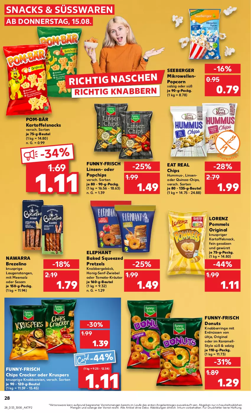 Aktueller Prospekt Kaufland - Prospekt - von 15.08 bis 21.08.2024 - strona 28 - produkty: angebot, Berger, beutel, brezel, chips, cracker, Donut, donuts, elle, erdnüsse, erdnüssen, funny-frisch, gewürz, gin, honig, Honig-Senf, hummus, karamell, kartoffel, kräuter, Laugenstange, linsen, lorenz, meersalz, mikrowelle, pom-bär, Pommels, popcorn, Pretzel, quinoa, ring, salz, seeberger, senf, sesam, snack, snacks, süsswaren, Ti, tomate, ültje, ZTE, zwiebel