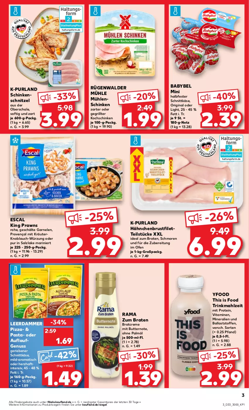 Aktueller Prospekt Kaufland - Prospekt - von 15.08 bis 21.08.2024 - strona 3 - produkty: angebot, angebote, babybel, ball, braten, brustfilet, butter, creme, eis, escal, filet, garnelen, gin, grill, hähnchenbrust, hähnchenbrustfilet, halbfester schnittkäse, ideal zum braten, Käse, knoblauch, kochschinken, kräuter, leerdammer, nuss, Ofen, ohne palmöl, pasta, pizza, prawns, purland, rama, reis, rügenwalder, rügenwalder mühle, saft, salz, Schal, Schale, schinken, schinkenschnitzel, schnittkäse, schnitzel, Ti, tisch, vita, Vitamine, ZTE