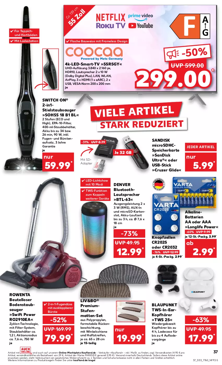 Aktueller Prospekt Kaufland - Prospekt - von 15.08 bis 21.08.2024 - strona 37 - produkty: adapter, akku, batterie, batterien, Bau, Behälter, beutel, blaupunkt, bodenstaubsauger, bürste, bürsten, eis, elle, erde, HDMI, kopfhörer, lautsprecher, led-licht, longlife, microsd, microsdhc, ndk, Parkside, Rauch, reifen, rel, rowenta, sandisk, schuhe, speicherkarte, staubsauger, Stielstaubsauger, Stufenmatten, teppich, Ti, uhd, usb, versandkostenfrei