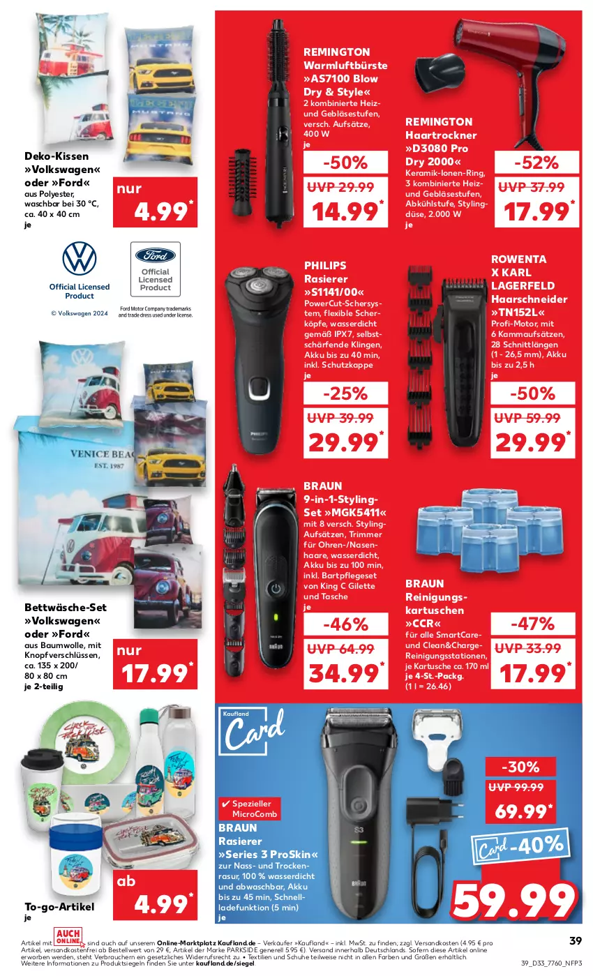 Aktueller Prospekt Kaufland - Prospekt - von 15.08 bis 21.08.2024 - strona 39 - produkty: akku, Bau, baumwolle, bett, bettwäsche, braun, bürste, eis, elle, erde, haarschneider, haartrockner, Karl Lagerfeld, kissen, ndk, Parkside, Philips, rasierer, Rauch, Reinigung, rel, remington, ring, rowenta, schnellladefunktion, schuhe, Spezi, Tasche, Ti, Trockner, versandkostenfrei, Warmluftbürste, wasser, wolle