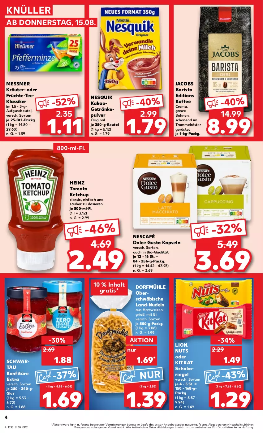 Aktueller Prospekt Kaufland - Prospekt - von 15.08 bis 21.08.2024 - strona 4 - produkty: angebot, beutel, bio, bohne, bohnen, dolce gusto, früchte, getränk, getränke, getränkepulver, gin, hartweizen, heinz, jacobs, kaffee, kakao, ketchup, kitkat, konfitüre, konfitüre extra, kräuter, lion, Nescafé, nesquik, nudel, nudeln, riegel, schoko, schokoriegel, Schwartau, tee, Ti, tomato ketchup, trommel, ZTE