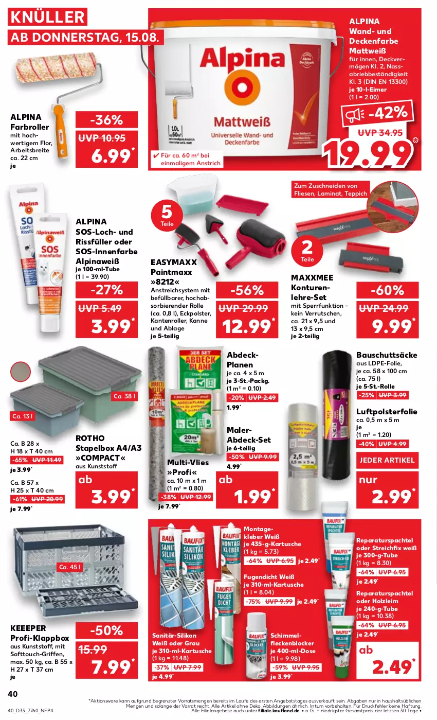 Aktueller Prospekt Kaufland - Prospekt - von 15.08 bis 21.08.2024 - strona 40 - produkty: abdeckplane, alpina, Alpinaweiß, angebot, angebote, Bau, bier, Biere, Brei, brie, decke, easymaxx, eimer, eis, Farbroller, Holz, innenfarbe, Klappbox, kleber, laminat, reis, Roller, spachtel, teppich, Ti, ZTE