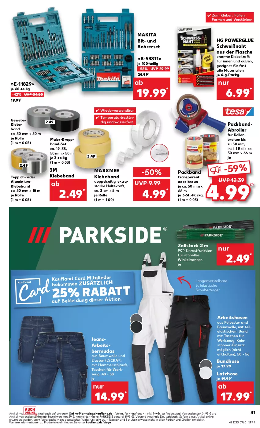 Aktueller Prospekt Kaufland - Prospekt - von 15.08 bis 21.08.2024 - strona 41 - produkty: asti, Bau, baumwolle, Beba, beko, bermuda, bermudas, Bohrerset, braun, Brei, eis, elle, erde, flasche, hose, hosen, jeans, kleid, Kleidung, kraft, Latzhose, Makita, ndk, Packband, Parkside, Rauch, rel, Ria, Roller, rwe, schuhe, Tasche, taschen, teppich, Ti, tisch, versandkostenfrei, wasser, werkzeug, wolle