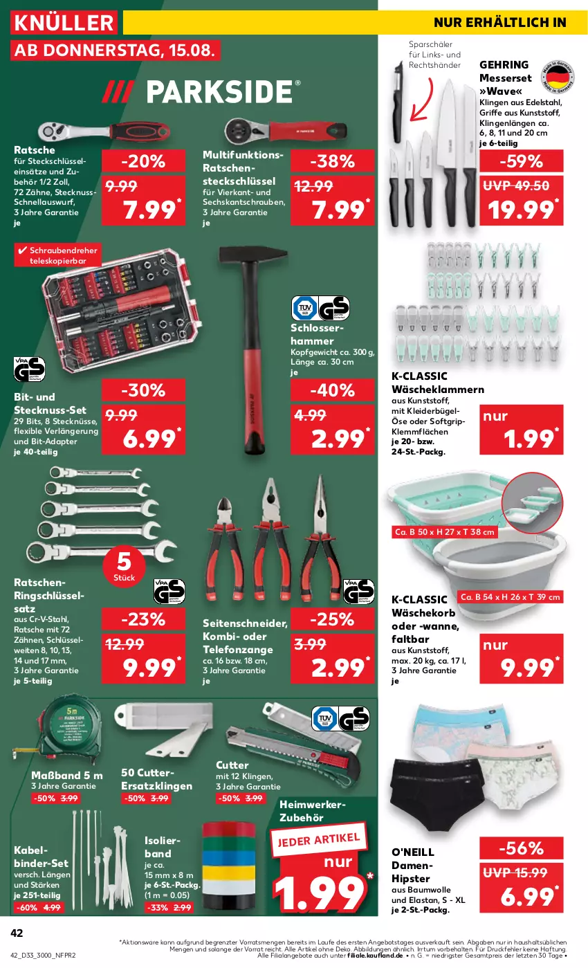 Aktueller Prospekt Kaufland - Prospekt - von 15.08 bis 21.08.2024 - strona 42 - produkty: adapter, angebot, angebote, Bau, baumwolle, bügel, edelstahl, eis, Klammern, kleid, kleider, kleiderbügel, korb, lamm, messer, Messerset, nuss, O'Neil, reis, ring, Ringschlüsselsatz, schrauben, Seitenschneide, telefon, Telefonzange, Teleskop, Ti, Wanne, wäschekorb, wolle, ZTE