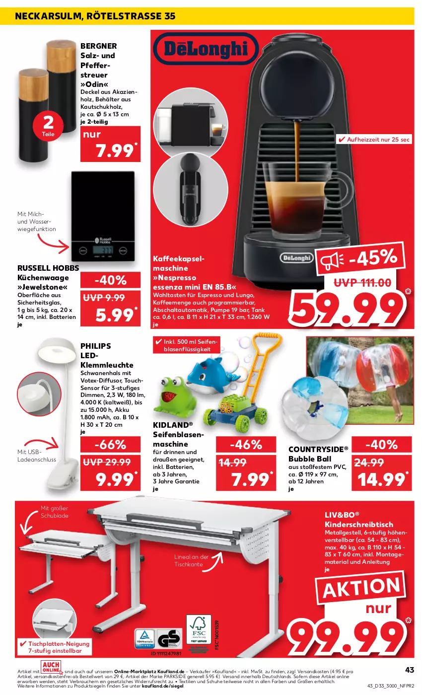 Aktueller Prospekt Kaufland - Prospekt - von 15.08 bis 21.08.2024 - strona 43 - produkty: akku, auto, ball, batterie, batterien, Behälter, decke, Deckel, eis, erde, espresso, gefu, Holz, HP, kaffee, Kapselmaschine, Kinder, küche, Küchen, Küchenwaage, latte, Leuchte, LG, lungo, milch, ndk, nespresso, Parkside, pfeffer, Pfefferstreuer, Philips, Rauch, rel, Ria, russell hobbs, salz, Schal, schreibtisch, schuhe, Seife, senf, Ti, tisch, usb, versandkostenfrei, Waage, wasser, Wels