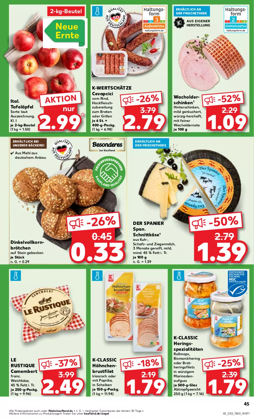 Aktueller Prospekt Kaufland - Prospekt - von 15.08 bis 21.08.2024 - strona 45 - produkty: angebot, angebote, Bau, beutel, bismarck, braten, brötchen, brustfilet, camembert, cevapcici, eis, filet, filets, fleisch, geback, grill, hackfleisch, hähnchenbrust, hähnchenbrustfilet, hering, Herings, heringsfilets, hinterschinken, Käse, korn, Le Rustique, marinade, mehl, milch, mit paprika, paprika, reis, rind, ring, schinken, schnittkäse, Spezi, tafeläpfel, Ti, weichkäse, ZTE