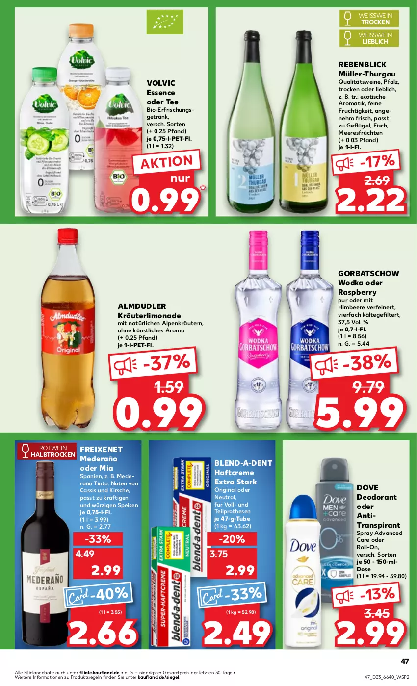 Aktueller Prospekt Kaufland - Prospekt - von 15.08 bis 21.08.2024 - strona 47 - produkty: almdudler, angebot, angebote, Antitranspirant, beere, bio, cassis, creme, deo, deodorant, dove, eis, erfrischungsgetränk, fisch, freixenet, frucht, früchte, früchten, Geflügel, getränk, gin, Gorbatschow, gorbatschow wodka, Haftcreme, himbeer, himbeere, kirsch, kirsche, kräuter, kräutern, limo, limonade, meeresfrüchte, Müller, Müller-Thurgau, qualitätswein, qualitätsweine, raspberry, reis, roll-on, rotwein, tee, Ti, tisch, volvic, wein, weine, wodka, ZTE