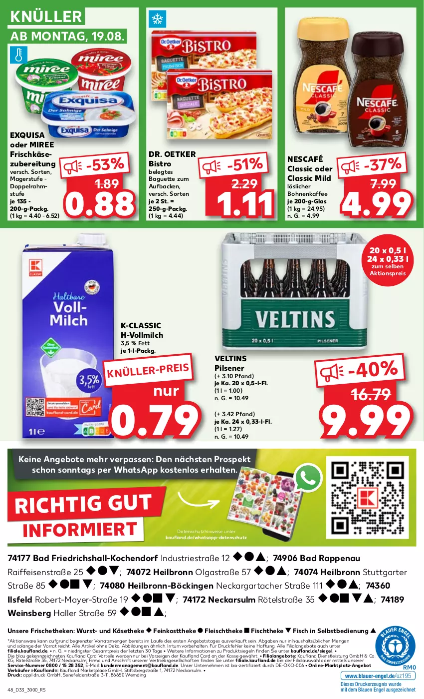 Aktueller Prospekt Kaufland - Prospekt - von 15.08 bis 21.08.2024 - strona 48 - produkty: aktionspreis, angebot, angebote, Astra, Bad, baguette, bio, bohne, bohnen, bohnenkaffee, doppelrahmstufe, Dr. Oetker, drucker, eis, Engel, erde, exquisa, feinkost, feinkosttheke, fisch, fischtheke, fleisch, frischkäse, frischkäsezubereitung, kaffee, Käse, käsetheke, kerze, LG, löslicher bohnenkaffee, milch, miree, Nescafé, pils, pilsener, reis, Ti, veltins, veltins pilsener, vollmilch, wein, wurst, ZTE