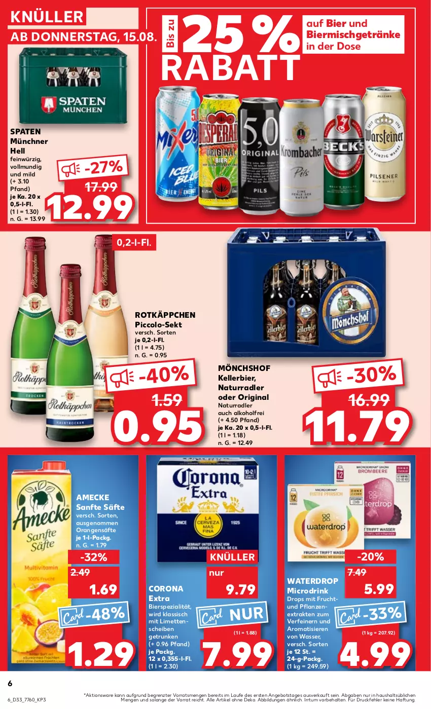 Aktueller Prospekt Kaufland - Prospekt - von 15.08 bis 21.08.2024 - strona 6 - produkty: alkohol, amecke, angebot, bier, corona, corona extra, drink, elle, frucht, getränk, getränke, gin, kellerbier, limette, limetten, Mett, metten, mit frucht, mönchshof, natur, orange, orangen, pflanze, pflanzen, radler, rotkäppchen, säfte, sekt, Spaten, Spezi, Ti, wasser, ZTE