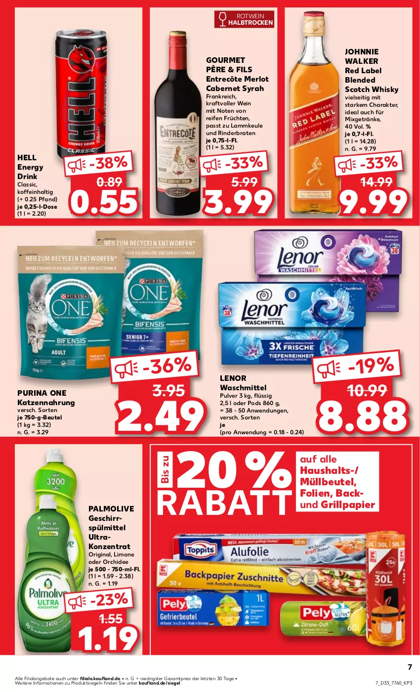 Aktueller Prospekt Kaufland - Prospekt - von 15.08 bis 21.08.2024 - strona 7 - produkty: angebot, angebote, beutel, blended scotch, blended scotch whisky, braten, cabernet, drink, eis, energy drink, entrecôte, früchte, früchten, geschirr, geschirrspülmittel, getränk, getränke, gin, grill, johnnie walker, katzennahrung, kraft, lamm, lammkeule, lenor, lenor waschmittel, limo, merl, merlot, Mixgetränk, müllbeutel, olive, orchidee, palmolive, papier, Pods, purina, reifen, reis, rind, rinder, rinderbraten, rotwein, scotch, scotch whisky, spülmittel, Ti, waschmittel, wein, whisky, ZTE