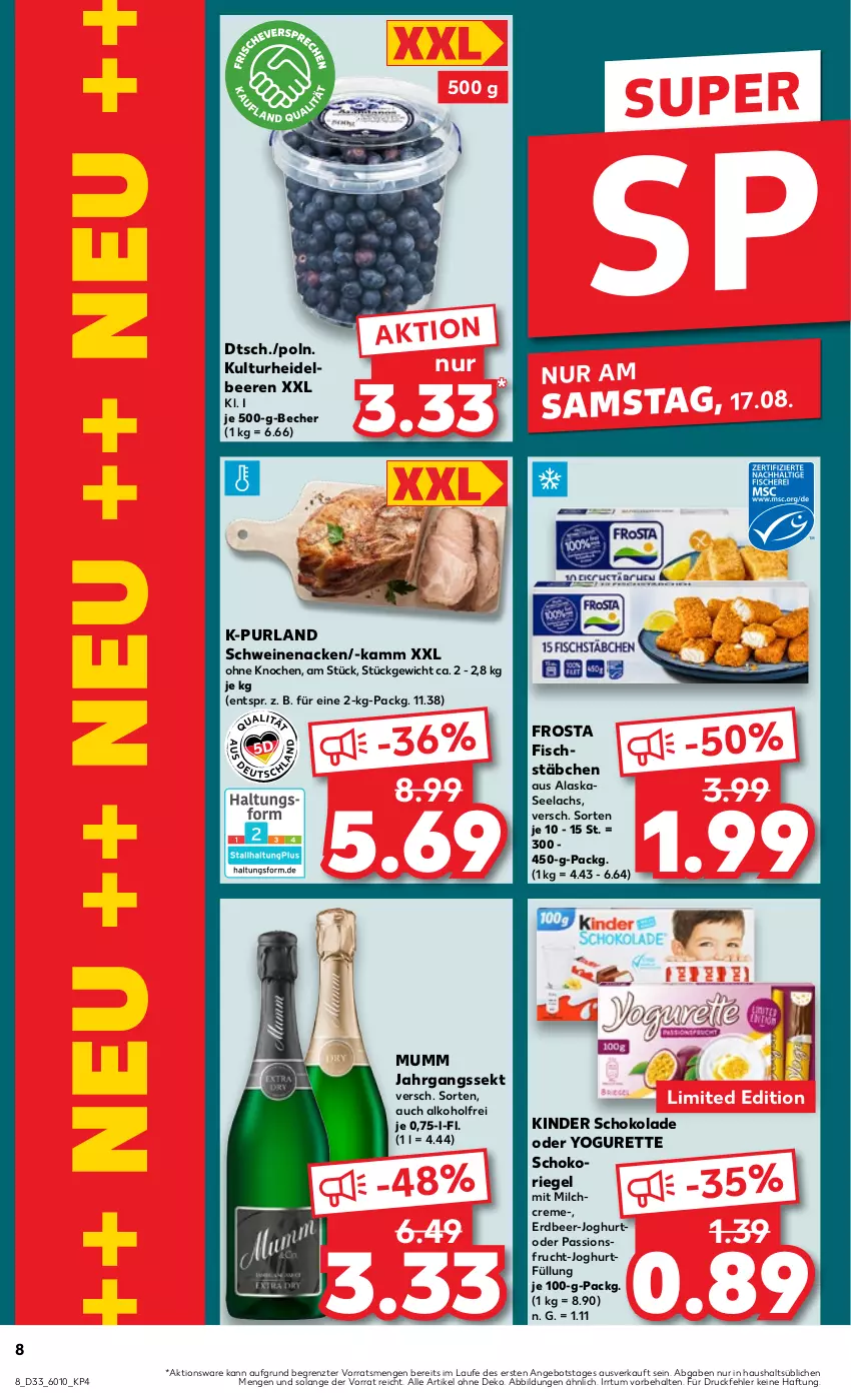 Aktueller Prospekt Kaufland - Prospekt - von 15.08 bis 21.08.2024 - strona 8 - produkty: alkohol, angebot, Becher, beere, beeren, creme, fisch, fischstäbchen, frosta, frucht, heidelbeere, heidelbeeren, jahrgangssekt, joghur, joghurt, Kinder, kinder schokolade, lachs, milch, mumm, oder yogurette, passionsfrucht, purland, riegel, schoko, schokolade, schokoriegel, schwein, schweine, schweinenacken, sekt, Ti, wein, weine, Yo, yogurette, ZTE