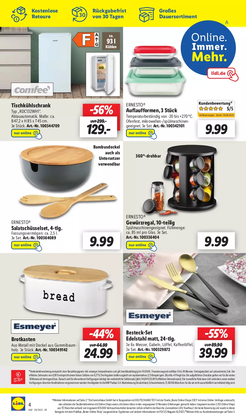 Aktueller Prospekt Lidl - Wochen-Highlights im Onlineshop - von 17.07 bis 23.07.2023 - strona 4 - produkty: abtauautomatik, auer, auto, bambus, Bau, besteck, besteck-set, brot, Brotkasten, decke, Deckel, edelstahl, eis, elle, ente, erde, ernesto, gabel, gewürz, Holz, kaffee, kühlschrank, LG, Löffel, mac, magazin, messer, mikrowelle, ndk, Ofen, Rauch, regal, reis, rwe, salat, Schrank, schüssel, spülmaschinen, Ti, tisch, Untersetzer