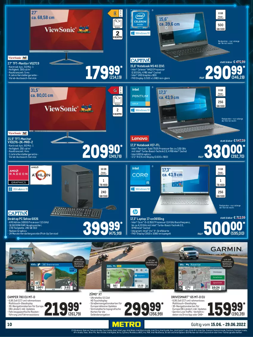 Aktueller Prospekt Metro - Technik Spezial - von 15.06 bis 29.06.2022 - strona 10 - produkty: aust, celeron, deo, elle, festplatte, fisch, fische, garmin, HD Graphics, Intel, Laptop, latte, monitor, notebook, Pentium, radeon, Ria, Spezi, spiegel, ssd, teller, Ti, uhd