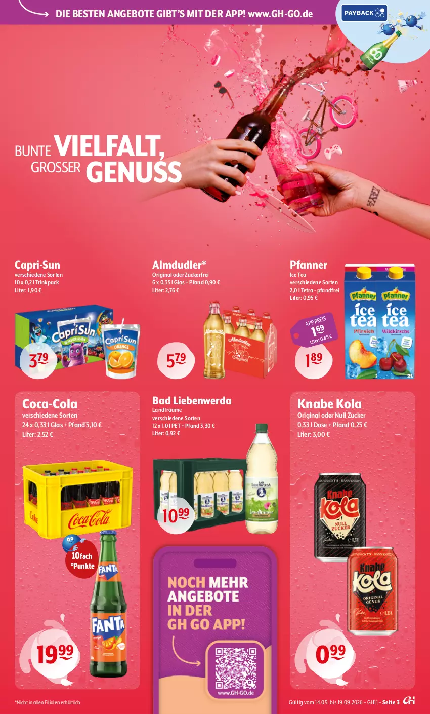 Aktueller Prospekt Getraenke Hoffmann - Prospekte - von 14.09 bis 19.09.2026 - strona 3 - produkty: almdudler, angebot, angebote, Bad, Bad Liebenwerda, Cap, capri-sun, coca-cola, cola, eis, gin, ice tea, nuss, pfanne, Pfanner, Ti, zucker