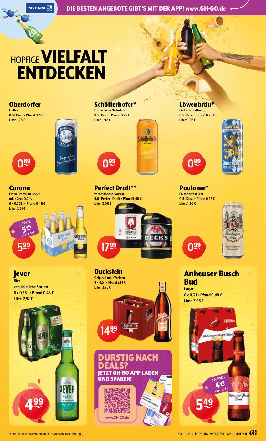 Aktueller Prospekt Getraenke Hoffmann - Prospekte - von 14.09 bis 19.09.2026 - strona 6 - produkty: angebot, angebote, bier, corona, corona extra, decke, Duck, eis, elle, gin, Hefe, hefeweizen, Heu, jever, natur, Paula, paulaner, schöfferhofer, Ti