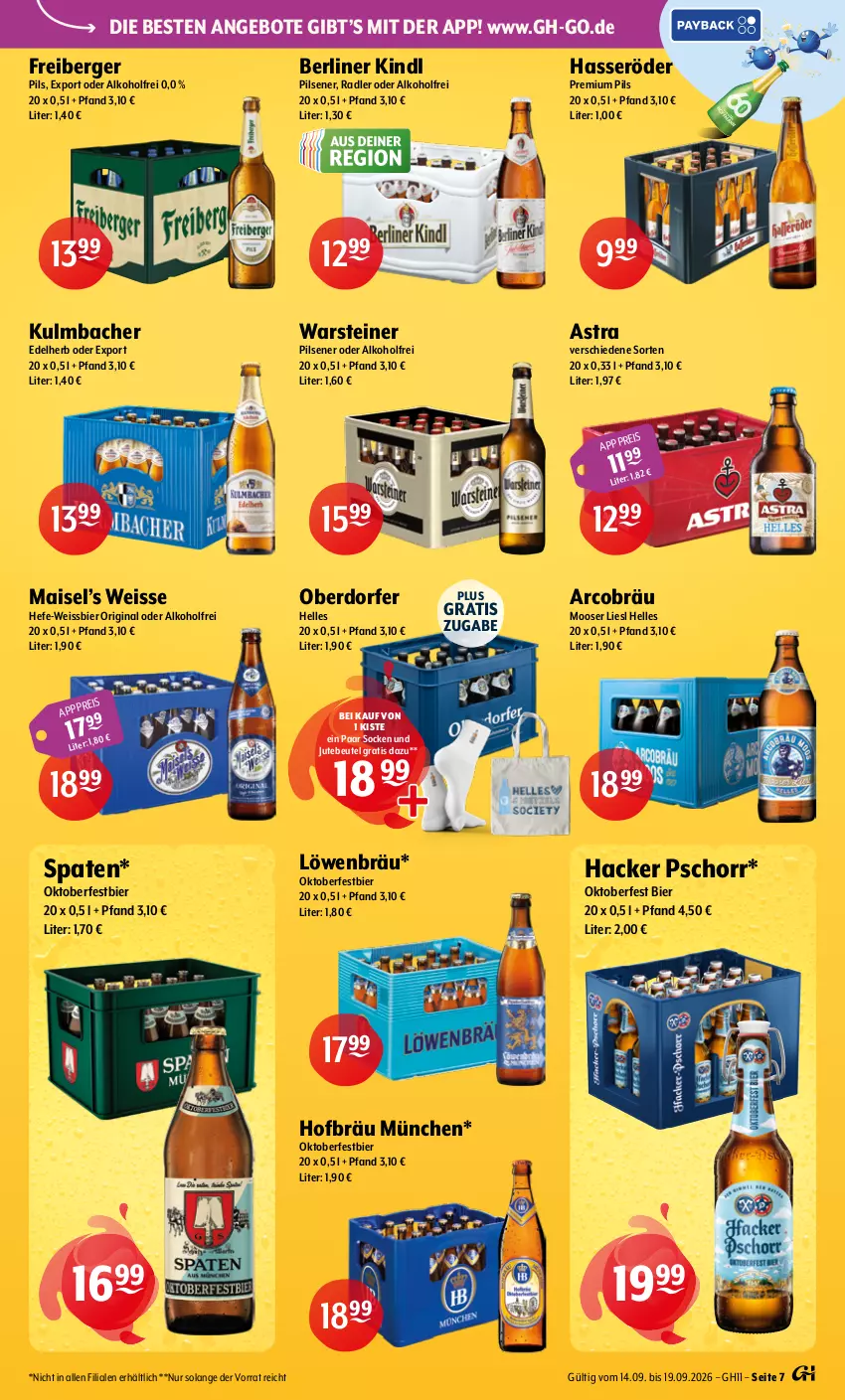 Aktueller Prospekt Getraenke Hoffmann - Prospekte - von 14.09 bis 19.09.2026 - strona 7 - produkty: alkohol, angebot, angebote, Astra, Berger, berliner, berliner kindl, beutel, bier, eis, elle, Freiberger, gin, hacker pschorr, hasseröder, Hefe, mais, pils, pilsener, premium pils, radler, socken, Spaten, steiner, Ti, warsteiner, weissbier
