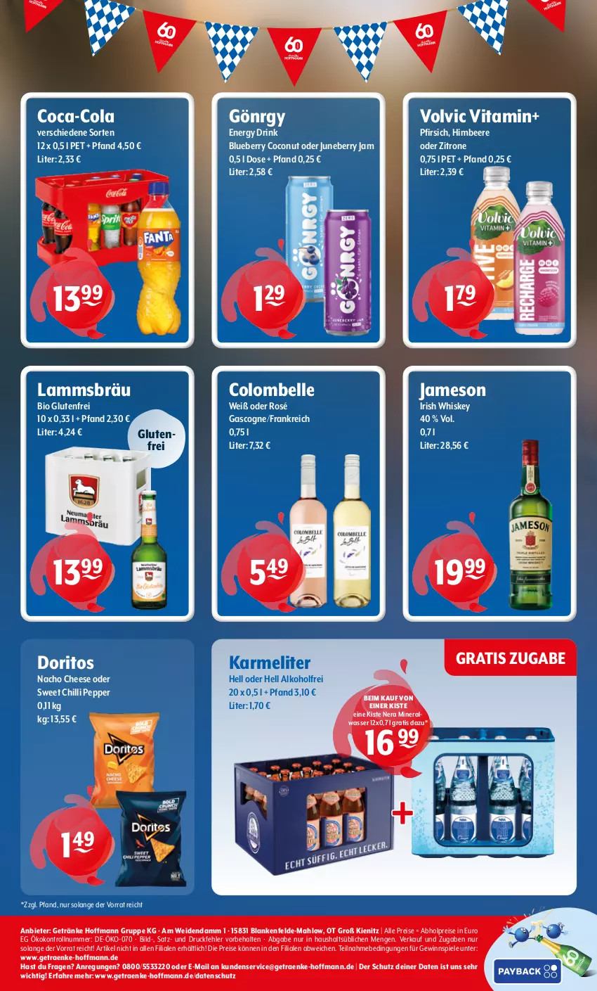 Aktueller Prospekt Getraenke Hoffmann - Prospekte - von 14.09 bis 19.09.2026 - strona 8 - produkty: abholpreise, alkohol, Alwa, beere, bio, blueberry, coca-cola, coconut, cola, Doritos, drink, eis, elle, energy drink, getränk, getränke, gewinnspiel, himbeer, himbeere, irish whiskey, jameson, lamm, mineralwasser, nacho, nacho cheese, pfirsich, reis, Spiele, Ti, vita, volvic, wasser, whiskey, zitrone