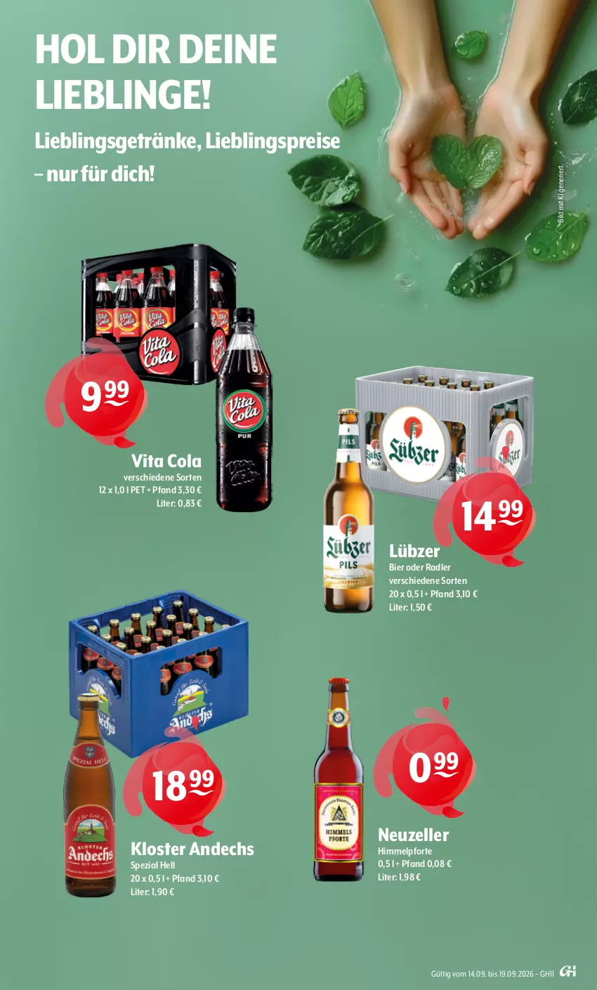 Aktueller Prospekt Getraenke Hoffmann - Prospekte - von 14.09 bis 19.09.2026 - strona 9 - produkty: bier, cola, eis, elle, getränk, getränke, Kloster Andechs, Lübzer, oder radler, radler, reis, Spezi, Ti, vita, Vita C