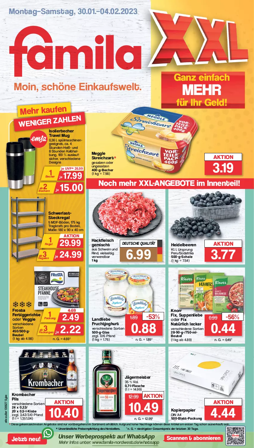 Aktueller Prospekt Famila - Prospekte - von 30.01 bis 04.02.2023 - strona 1 - produkty: angebot, angebote, Becher, beere, beeren, beutel, din a4, Eckregal, eis, elle, ente, fertiggericht, fertiggerichte, flasche, fleisch, frosta, frucht, fruchtjoghurt, Germ, hackfleisch, hackfleisch gemischt, heidelbeere, heidelbeeren, isolierbecher, jägermeister, joghur, joghurt, knorr, knorr fix, kopierpapier, kraft, krombache, krombacher, krombacher pils, landliebe, meggle, Meister, papier, pils, regal, reis, rind, rwe, salz, Schal, Schale, schwein, schwein und rind, spülmaschinen, steckregal, Streichzart, suppe, suppen, suppenliebe, teller, Ti, travel mug, veggie, wein, ZTE