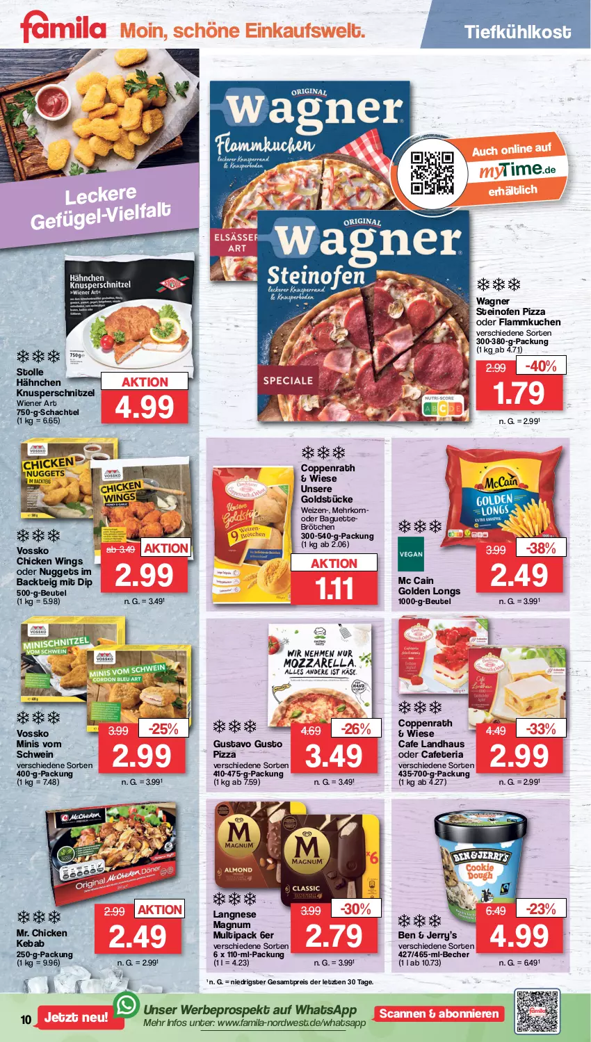 Aktueller Prospekt Famila - Prospekte - von 30.01 bis 04.02.2023 - strona 10 - produkty: baguette, Becher, beutel, brötchen, chicken wings, coppenrath, dip, eis, flammkuchen, Gefügel, Golden Longs, Goldstücke, korn, kuchen, lamm, langnese, magnum, mc cain, nuggets, Ofen, pizza, reis, Ria, schnitzel, schwein, steinofen, steinofen pizza, Ti, tiefkühlkost, vossko, wagner, wein, wiener, ZTE