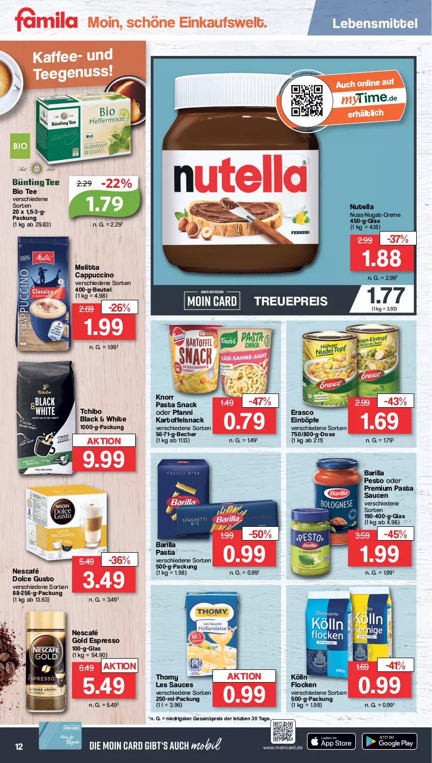 Aktueller Prospekt Famila - Prospekte - von 30.01 bis 04.02.2023 - strona 12 - produkty: barilla, Becher, beutel, bio, Cap, cappuccino, cin, creme, dolce gusto, eintöpfe, eis, erasco, espresso, kaffee, kartoffel, knorr, knorr pasta, kölln, lack, lebensmittel, melitta, Nescafé, nescafé gold, nuss, nuss-nugat-creme, nutella, pasta, Pasta Sauce, pasta snack, pesto, pfanni, reis, sauce, saucen, snack, Tchibo, tee, thomy, thomy les sauces, Ti, ZTE