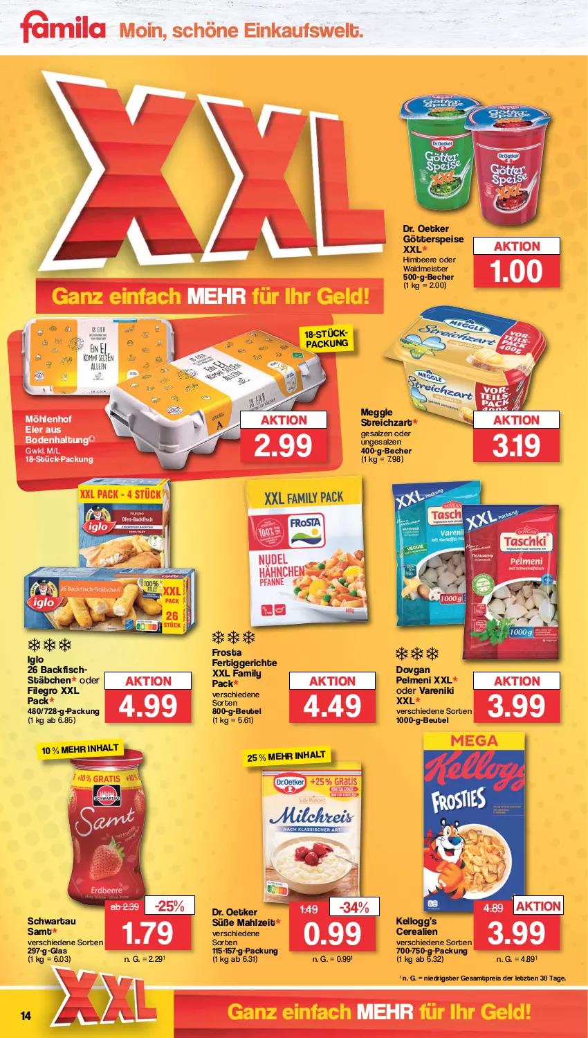 Aktueller Prospekt Famila - Prospekte - von 30.01 bis 04.02.2023 - strona 14 - produkty: backfisch, Becher, beere, beutel, cerealien, dovgan, Dr. Oetker, eier, eis, fertiggericht, fertiggerichte, filegro, fisch, fischstäbchen, frosta, götterspeise, himbeer, himbeere, iglo, meggle, Meister, pelmeni, reis, salz, Schwartau, Streichzart, Ti, waldmeister, ZTE