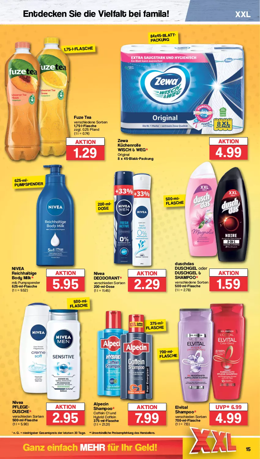 Aktueller Prospekt Famila - Prospekte - von 30.01 bis 04.02.2023 - strona 15 - produkty: alpecin, body, body milk, cin, coffein, decke, deo, deodorant, duschdas, dusche, duschgel, eis, elle, elvital, flasche, fuze tea, gin, küche, Küchen, küchenrolle, nivea, reis, shampoo, teller, Ti, vita, zewa, ZTE