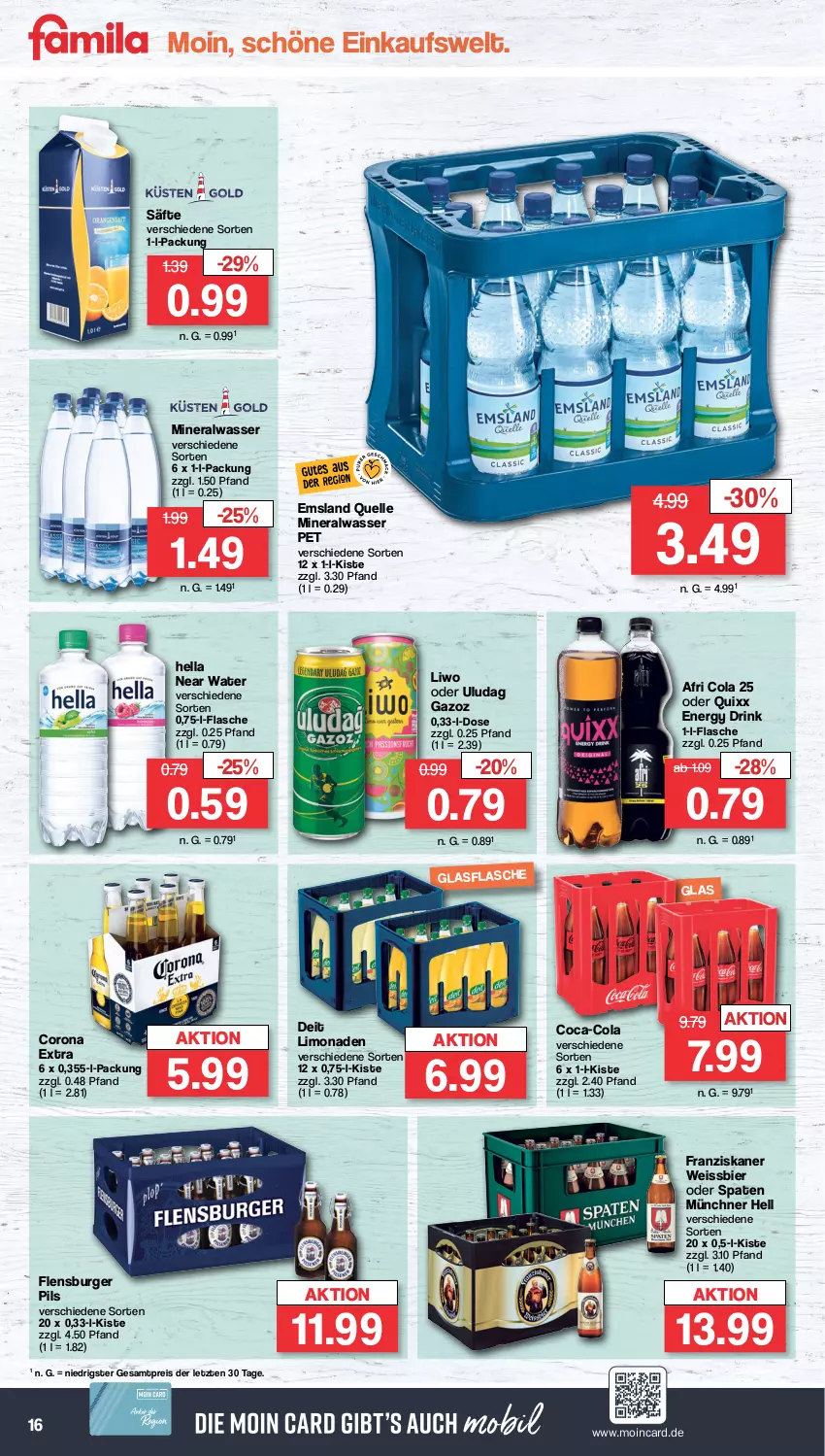 Aktueller Prospekt Famila - Prospekte - von 30.01 bis 04.02.2023 - strona 16 - produkty: Afri Cola, Alwa, bier, burger, coca-cola, cola, corona, corona extra, deit, drink, eis, elle, energy drink, flasche, flensburger, franziskaner, glasflasche, hella, limo, limonade, limonaden, mineralwasser, pils, Quixx, reis, säfte, Spaten, Ti, wasser, weissbier, ZTE