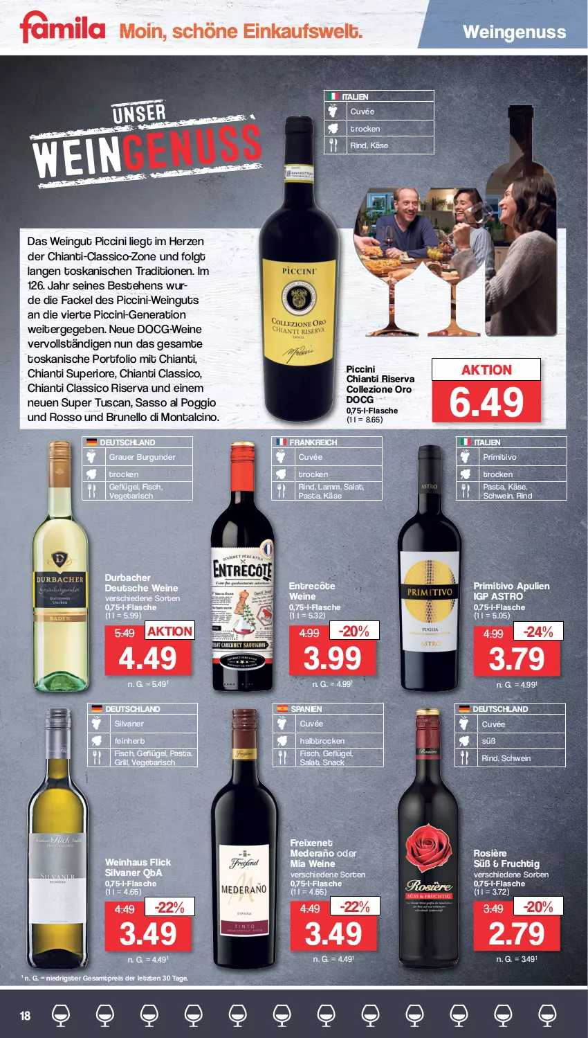 Aktueller Prospekt Famila - Prospekte - von 30.01 bis 04.02.2023 - strona 18 - produkty: auer, burgunder, chia, chianti, cin, classico, cuvée, eis, entrecôte, fisch, flasche, freixenet, frucht, Geflügel, grauer burgunder, grill, Käse, lamm, LG, nuss, pasta, primitivo, reis, rind, riserva, salat, schwein, silvaner, snack, Ti, Vegeta, wein, weine, ZTE