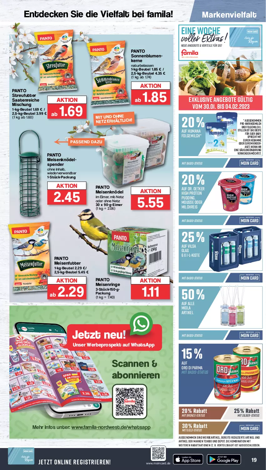 Aktueller Prospekt Famila - Prospekte - von 30.01 bis 04.02.2023 - strona 19 - produkty: angebot, angebote, beutel, blume, blumen, decke, Dr. Oetker, eimer, eis, folgemilch, Kinder, Knödel, LG, Meisenknödel, milch, milchreis, mousse, natur, oro di parma, pudding, reis, ring, rwe, senf, sonnenblume, sonnenblumen, Sonnenblumenkerne, Streufutter, Tchibo, Ti, vilsa