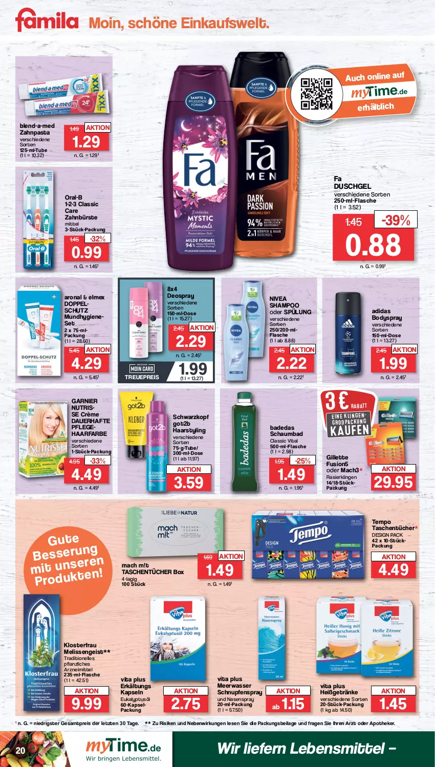 Aktueller Prospekt Famila - Prospekte - von 30.01 bis 04.02.2023 - strona 20 - produkty: Adidas, Apotheke, auer, Bad, blend-a-med, body, bodyspray, bürste, deo, deospray, duschgel, eis, elle, elmex, Erkältungs, fa duschgel, flasche, fusion5, garnier, getränk, getränke, gillette, got2b, ilag, lebensmittel, mac, mach3, Meerwasser, Mundhygiene, Nasenspray, nivea, Nutrisse, oral-b, pasta, Rasierklinge, rasierklingen, reis, schaumbad, schwarzkop, schwarzkopf, shampoo, shampoo oder spülung, spülung, Tasche, taschen, Tempo, Ti, tücher, vita, wasser, zahnbürste, zahnpasta, ZTE