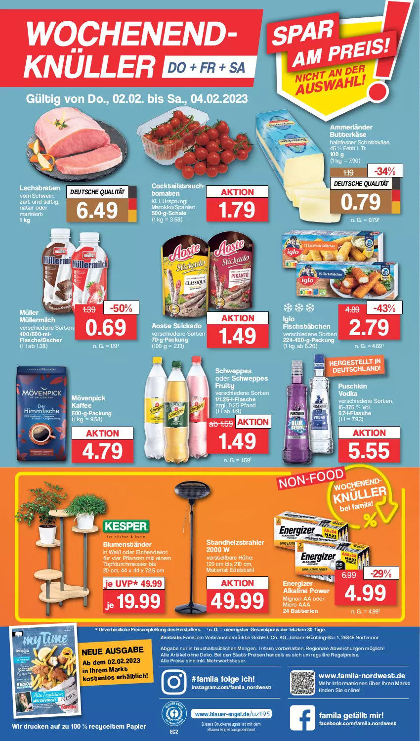 Aktueller Prospekt Famila - Prospekte - von 30.01 bis 04.02.2023 - strona 28 - produkty: ammerländer, aoste stickado, auer, batterie, batterien, Becher, blume, blumen, braten, butter, butterkäse, cocktail, cocktails, drucker, edelstahl, eis, elle, energizer, Engel, fisch, fischstäbchen, flasche, Garten, halbfester schnittkäse, iglo, jever, kaffee, Käse, kerze, lachs, Lachsbraten, Laufen, LG, mac, magazin, merl, messer, milch, mövenpick, mövenpick kaffee, Müller, müllermilch, natur, ndk, nuss, papier, pflanze, pflanzen, puschkin vodka, Rauch, regal, reis, Ria, rwe, saft, Schal, Schale, schnittkäse, schwein, schweppes, stickado, strauchtomaten, teller, Ti, tomate, tomaten, topf, vodka, waffeln, wein, ZTE