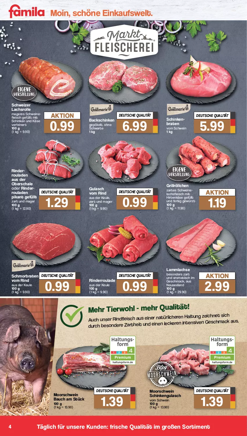 Aktueller Prospekt Famila - Prospekte - von 30.01 bis 04.02.2023 - strona 4 - produkty: Bau, braten, eis, Elan, fleisch, gewürz, grill, gulasch, hirtenkäse, Käse, lachs, Lachsrolle, lamm, lammlachse, mac, rind, rinder, Rinderroulade, rindfleisch, rouladen, Schal, Schale, schinken, schmorbraten, schwein, schweine, Ti, tisch, wein, weine