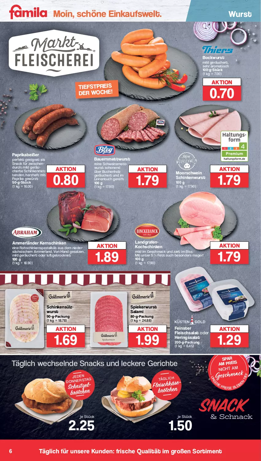 Aktueller Prospekt Famila - Prospekte - von 30.01 bis 04.02.2023 - strona 6 - produkty: ammerländer, auer, Bau, Bauer, bockwurst, brötchen, buch, eis, fleisch, fleischsalat, gewürz, hering, Herings, Holz, kernschinken, kochschinken, leine, mac, merl, Mett, metten, Mettenden, mettwurst, mit paprika, paprika, reis, ring, rohschinken, salami, salat, salz, schinken, schinkenwurst, schnitzel, schwein, schweine, schweinemett, snack, snacks, Spezi, Ti, tisch, tuc, wein, weine, wurst