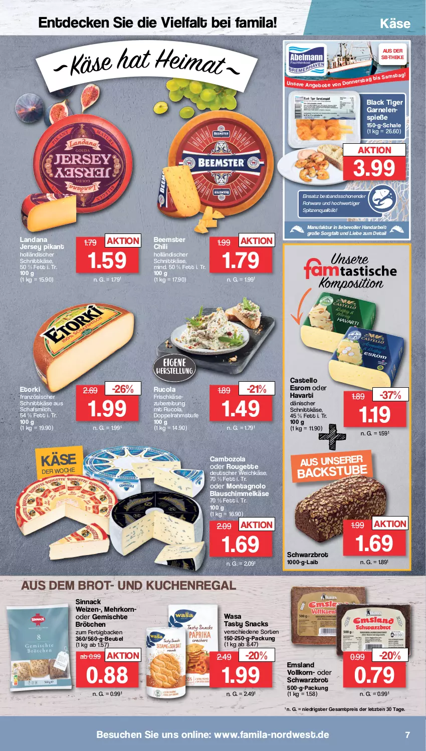 Aktueller Prospekt Famila - Prospekte - von 30.01 bis 04.02.2023 - strona 7 - produkty: Beemster, beutel, brot, brötchen, cambozola, chili, cola, dänischer schnittkäse, decke, doppelrahmstufe, eis, esrom, Faktu, frischkäse, garnelen, holländischer schnittkäse, Käse, korn, kuchen, lack, milch, regal, reis, rouge, rougette, rucola, Schal, Schale, schnittkäse, Schwarzbrot, sinnack, snack, snacks, spitzenqualität, stube, Ti, wasa, ZTE