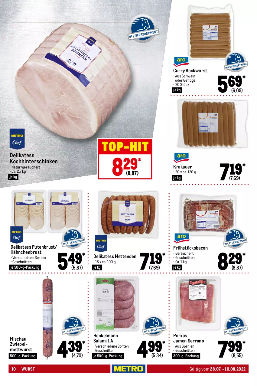 Aktueller Prospekt Metro - GastroJournal - von 28.07 bis 10.08.2022 - strona 10 - produkty: auer, bacon, Becher, beutel, bockwurst, butter, butterkäse, curry, edamer, galbani, Geflügel, gorgonzola, gouda, gouda jung, grana, grana padano, hähnchenbrust, henkel, hinterschinken, Käse, käsescheiben, krakauer, Kugel, Maasdam, maasdamer, mac, Mett, metten, Mettenden, mettwurst, milch, mozzarella, natur, padano, pute, putenbrust, Rana, rel, salami, schinken, schnitten, schnittkäse, schnittkäsescheiben, schwein, serrano, Ti, tisch, top-hit, wein, wurst, zwiebel, zwiebelmettwurst