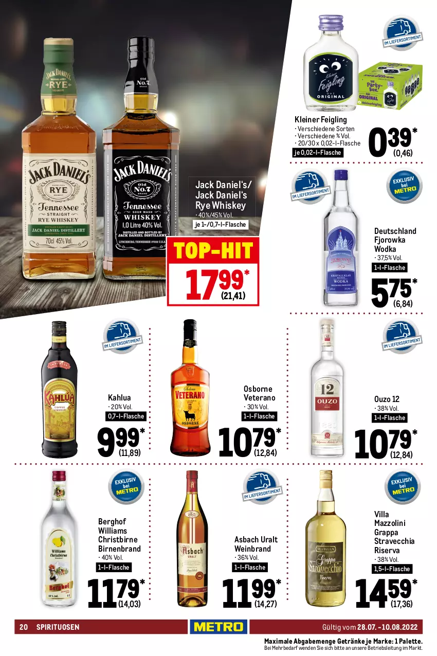 Aktueller Prospekt Metro - GastroJournal - von 28.07 bis 10.08.2022 - strona 20 - produkty: Amaretto, amaro, asbach uralt, auto, averna, Birnen, cachaça, chia, eier, eierlikör, eis, flasche, getränk, getränke, gin, grappa, jack daniel, kleiner feigling, leine, LG, likör, limo, lion, natur, natura, osborne, ouzo, ouzo 12, Palette, reis, riserva, rum, sambuca, Schladerer, spirituosen, Ti, tisch, top-hit, veterano, wein, weinbrand, whiskey, wodka