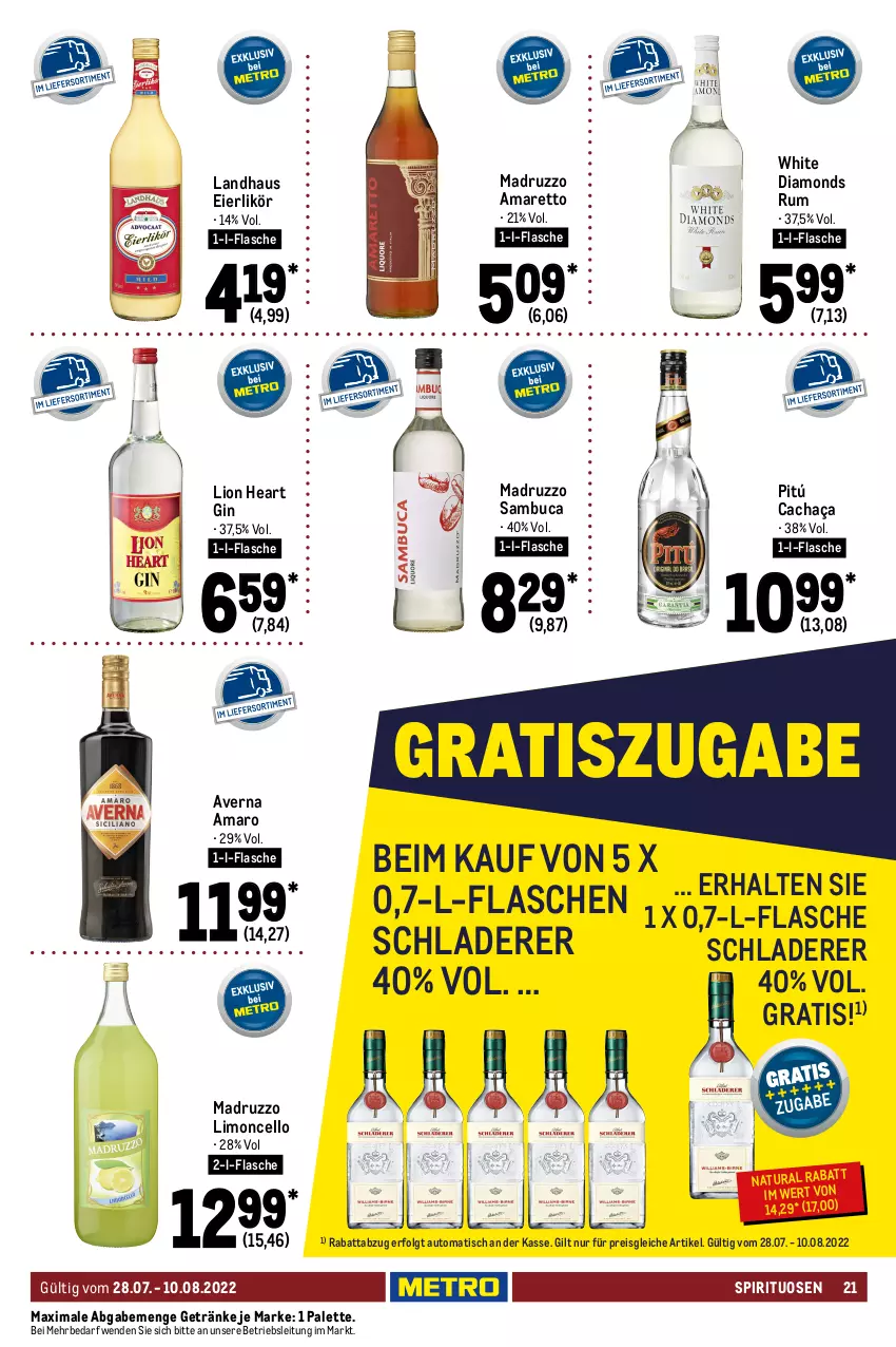 Aktueller Prospekt Metro - GastroJournal - von 28.07 bis 10.08.2022 - strona 21 - produkty: Amaretto, amaro, asbach uralt, auto, averna, Birnen, cachaça, chia, eier, eierlikör, eis, flasche, getränk, getränke, gin, grappa, jack daniel, kleiner feigling, leine, LG, likör, limo, lion, natur, natura, osborne, ouzo, ouzo 12, Palette, reis, riserva, rum, sambuca, Schladerer, spirituosen, Ti, tisch, top-hit, veterano, wein, weinbrand, whiskey, wodka