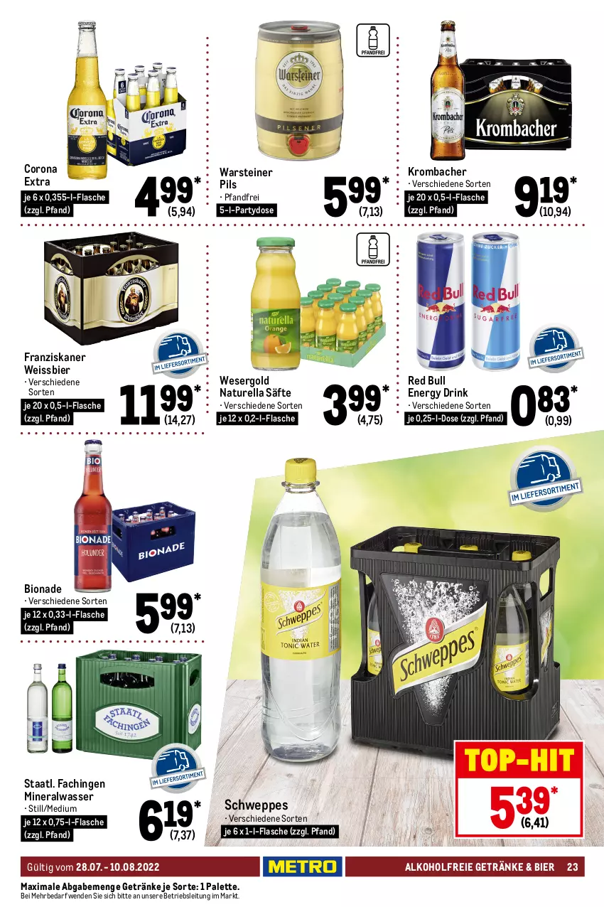 Aktueller Prospekt Metro - GastroJournal - von 28.07 bis 10.08.2022 - strona 23 - produkty: alkohol, alkoholfreie getränke, Alwa, ananas, apfel, beere, beeren, bier, bio, bionade, brombeere, brombeeren, brut, brut dargent, Casali, chardonnay, corona, corona extra, de blancs, drink, eis, elle, energy drink, flasche, franziskaner, frizzante, frucht, früchte, früchten, getränk, getränke, grand sud, Heu, honig, honigmelone, johannisbeere, Johannisbeeren, kirsch, kirsche, kirschen, kräuter, krombache, krombacher, La Gioiosa, mac, melone, mineralwasser, monte, Montepulciano, Müller, Müller-Thurgau, natur, Naturella, Palette, perla, pfirsich, pils, qualitätswein, red bull, rel, säfte, sauvignon, schweppes, sekt, Staatl. Fachingen, steiner, Ti, tisch, top-hit, valdo, warsteiner, wasser, wein, weissbier