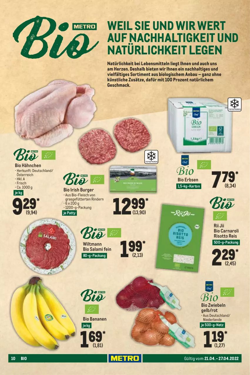 Aktueller Prospekt Metro - Food - von 21.04 bis 27.04.2022 - strona 10 - produkty: banane, bananen, Bau, bio, burger, eis, erbsen, fleisch, lebensmittel, mac, reis, rind, rinder, risotto, salami, Ti, wiltmann, zwiebel, zwiebeln