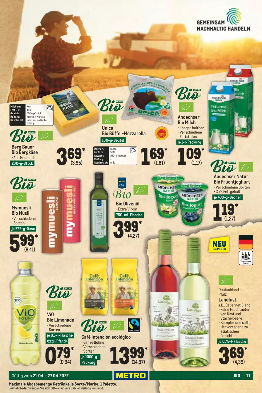 Aktueller Prospekt Metro - Food - von 21.04 bis 27.04.2022 - strona 11 - produkty: andechser natur, auer, Bau, Bauer, Becher, beere, Bergkäse, beutel, bio, bio limo, bohne, cabernet, flasche, frucht, fruchtjoghurt, getränk, getränke, gin, Heu, heumilch, joghur, joghurt, Käse, kiwi, limo, limonade, mac, milch, mozzarella, müsli, natur, olive, oliven, olivenöl, Palette, rel, saft, Ti, tisch, vio bio limo