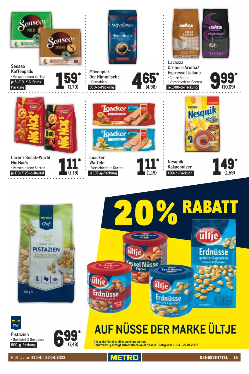 Aktueller Prospekt Metro - Food - von 21.04 bis 27.04.2022 - strona 15 - produkty: auto, beutel, bohne, espresso, kaffee, kaffeepads, kakao, lavazza, LG, lorenz, mövenpick, nesquik, nuss, pistazien, salz, senseo, snack, Ti, tisch, ültje, waffeln