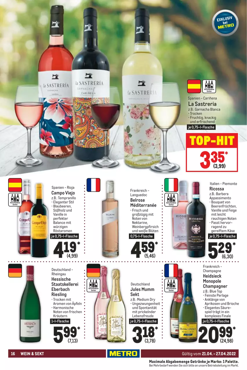 Aktueller Prospekt Metro - Food - von 21.04 bis 27.04.2022 - strona 16 - produkty: aprikose, aprikosen, beere, beeren, Blaubeer, blaubeere, Blüte, campo viejo, champagne, champagner, elle, flasche, frucht, früchte, früchten, getränk, getränke, Holz, jules mumm, Käse, kräuter, kräutern, monte, mumm, Nektar, Palette, perla, pfirsich, Rauch, Ria, riesling, rioja, sekt, sim, tempranillo, Ti, top-hit, vanille, wein