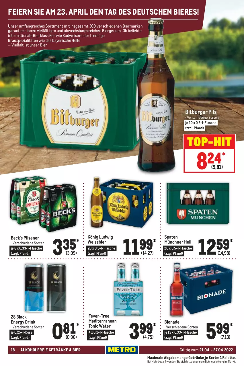 Aktueller Prospekt Metro - Food - von 21.04 bis 27.04.2022 - strona 18 - produkty: alkohol, alkoholfreie getränke, bier, Biere, bio, bionade, bitburger, bitburger pils, budweiser, burger, drink, eier, eis, elle, energy drink, fever-tree, flasche, getränk, getränke, lack, nuss, Palette, pils, pilsener, pril, Spaten, Spezi, Ti, tonic, tonic water, top-hit, weissbier