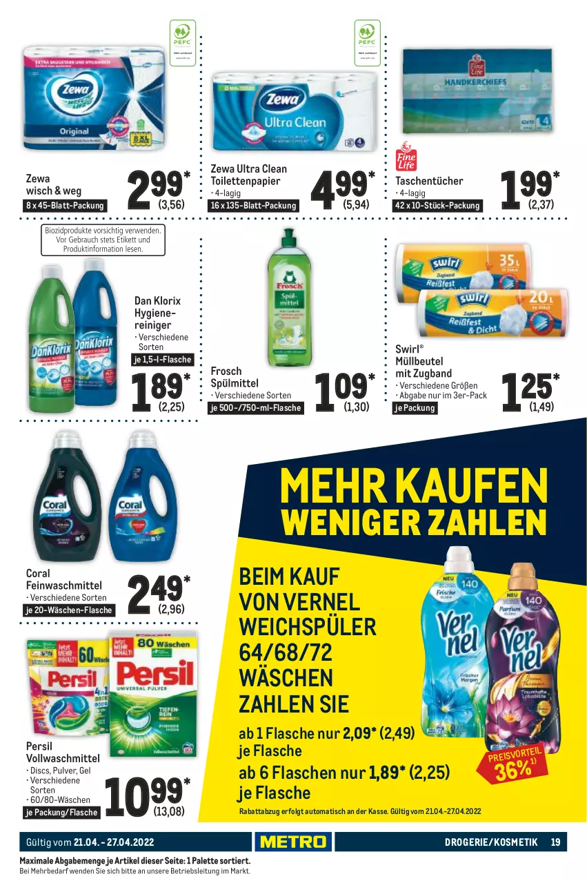 Aktueller Prospekt Metro - Food - von 21.04 bis 27.04.2022 - strona 19 - produkty: auto, beutel, Coral, eis, feinwaschmittel, flasche, Frosch, kosmetik, LG, müllbeutel, Palette, papier, persil, reiniger, reis, spülmittel, swirl, Tasche, taschen, taschentücher, Ti, tisch, toilettenpapier, tücher, vernel, vollwaschmittel, waschmittel, weichspüler, zewa