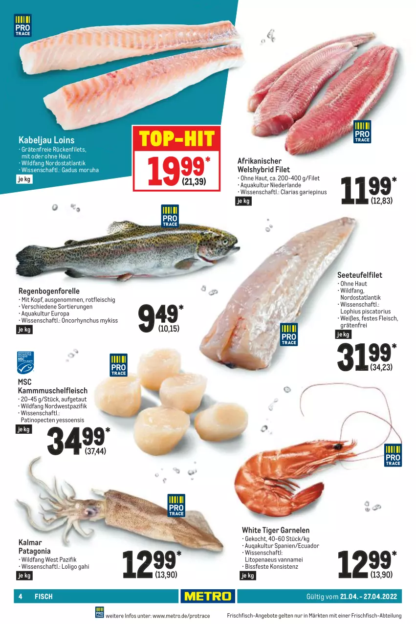 Aktueller Prospekt Metro - Food - von 21.04 bis 27.04.2022 - strona 4 - produkty: Abtei, angebot, angebote, aqua, eis, elle, filet, filets, fisch, fleisch, forelle, frischfisch, garnelen, Metro, rel, Ria, Ti, top-hit, Wels, Wild