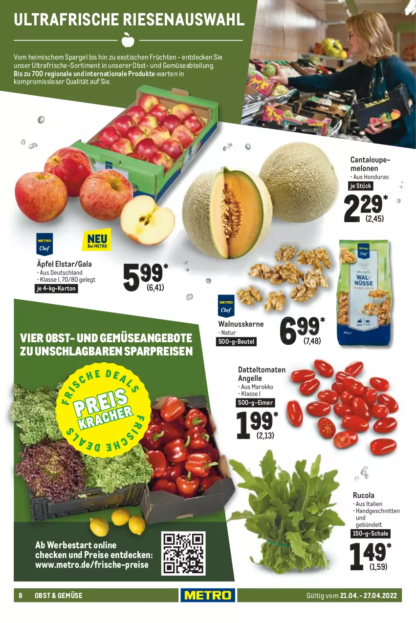 Aktueller Prospekt Metro - Food - von 21.04 bis 27.04.2022 - strona 8 - produkty: Abtei, angebot, angebote, beutel, cola, datteltomaten, decke, eimer, eis, elle, früchte, früchten, melone, melonen, Metro, natur, nuss, obst, reis, rucola, Schal, Schale, schnitten, spargel, Ti, tisch, tomate, tomaten, und gemüse, walnuss, walnusskerne