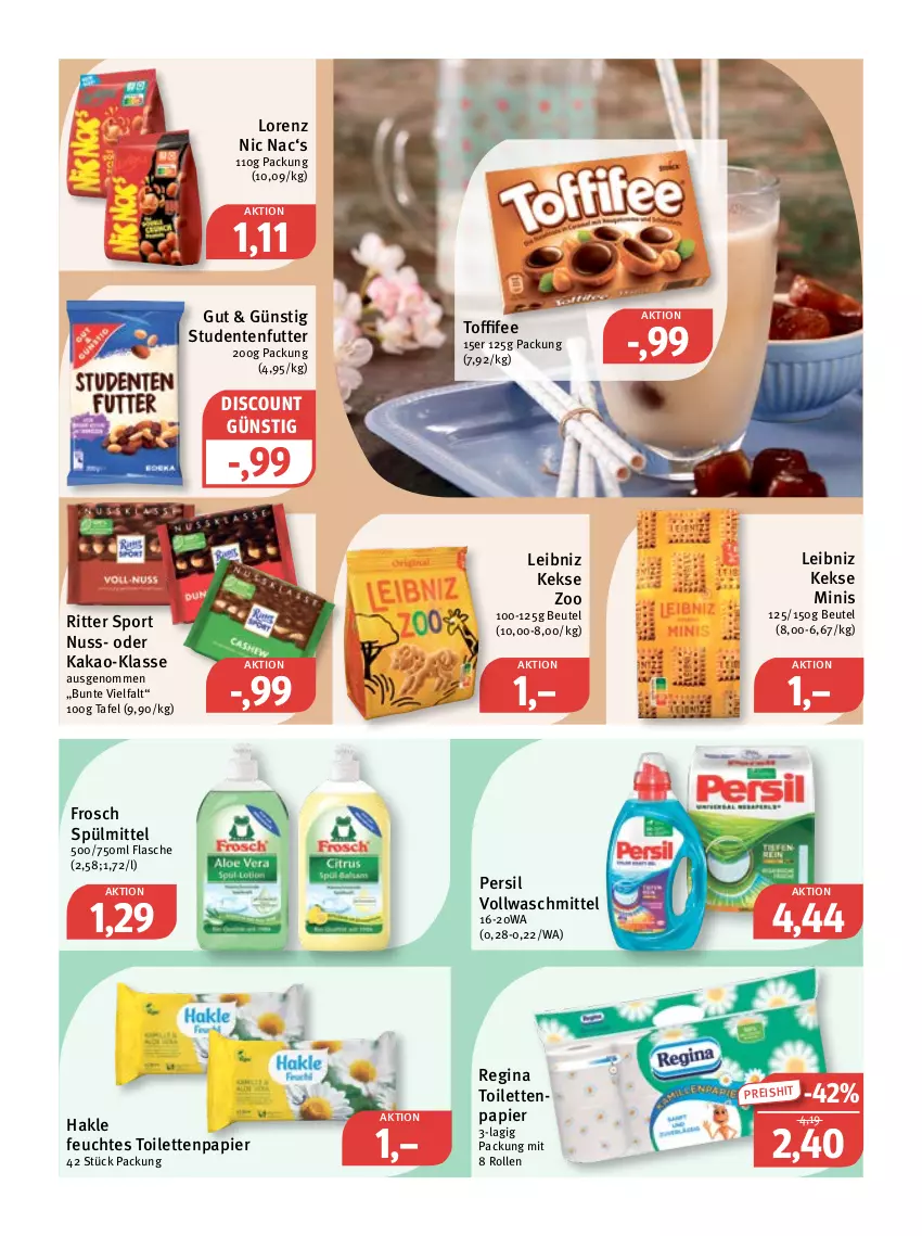 Aktueller Prospekt Feneberg - Prospekte - von 02.03 bis 04.03.2023 - strona 9 - produkty: beutel, discount, eis, ente, feuchtes toilettenpapier, flasche, Frosch, gin, hakle, kakao, keks, kekse, leibniz, lorenz, nuss, papier, persil, reis, ritter, ritter sport, Sport, spülmittel, studentenfutter, Ti, toffifee, toilettenpapier, vollwaschmittel, waschmittel